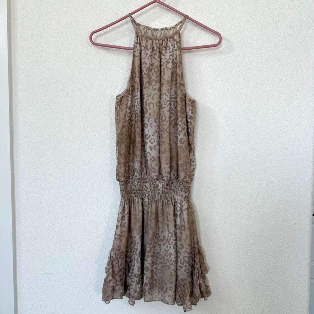 Ramy Brook Silk Blend Leopard Print Halter Dress Brown Tan XS‎ Sleeveless Mini
